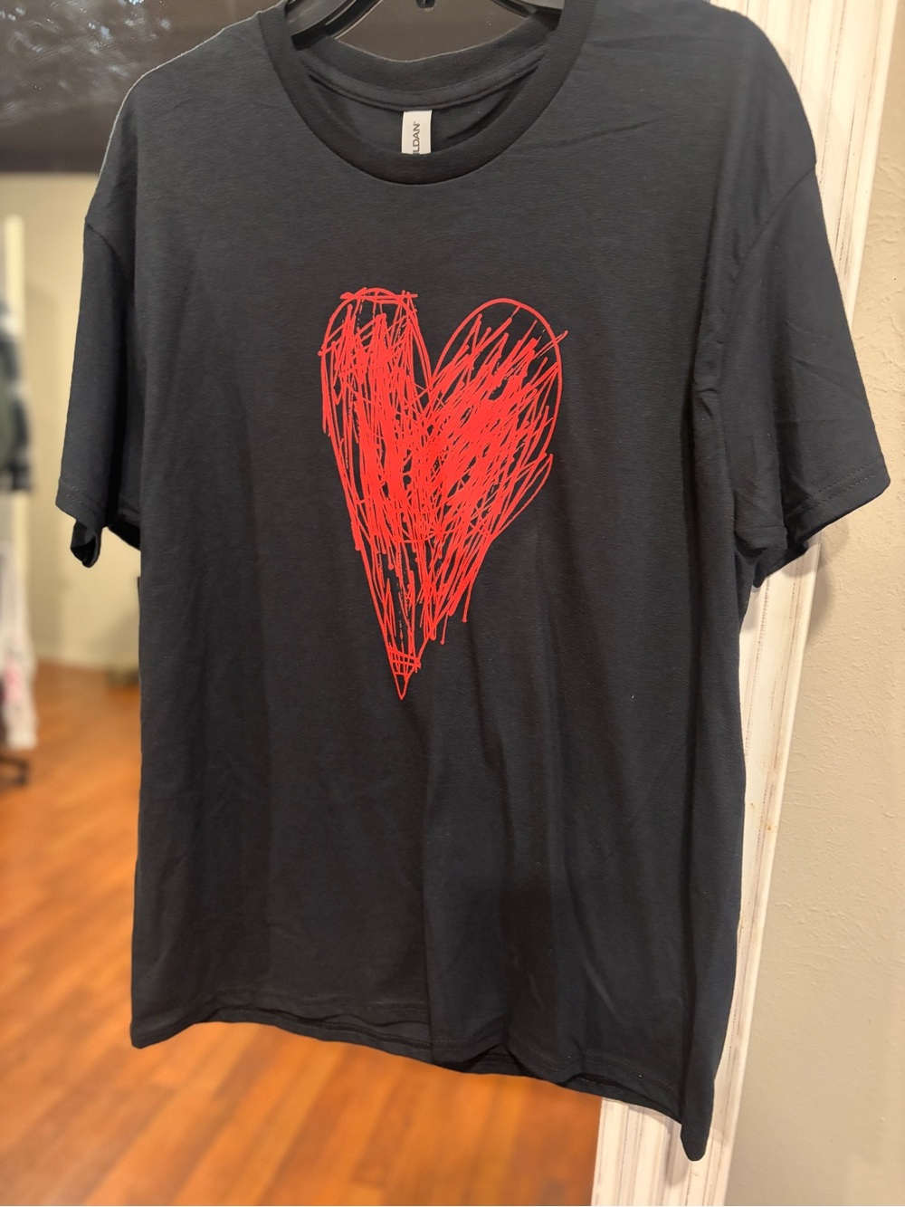 Black Graphic Tee with Red Scribble Heart